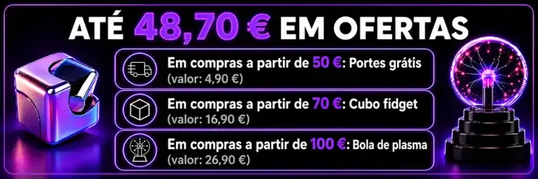 Imagem de banner promocional com ofertas em gadgets científicos, cubo fidget, bola de plasma e portes grátis para compras acima de 50€.