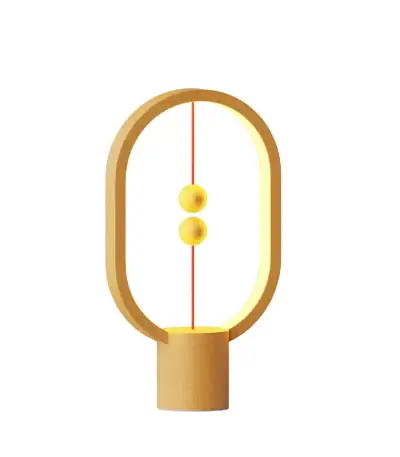 Lampe de design moderne inspirée de la physique, avec deux sphères jaunes suspendues dans un cadre en bois, idéale pour la décoration scientifique.
