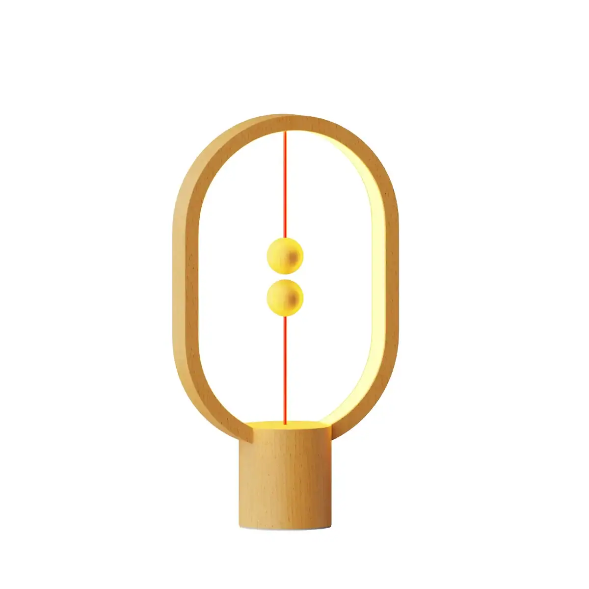 Lampe de design scientifique LED. Lampe de design moderne inspirée de la physique, avec deux sphères jaunes suspendues dans un cadre en bois, idéale pour la décoration scientifique.