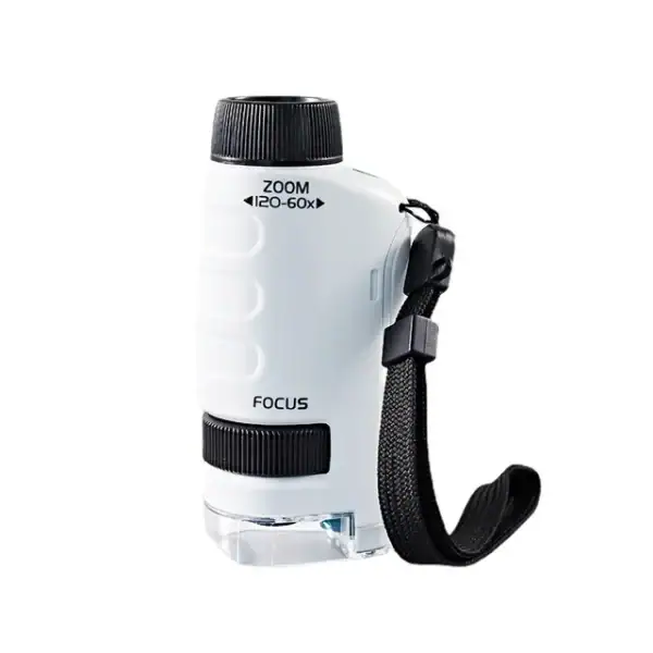 Lupa portátil com lente de 60x, corpo branco, com alça de mão preta e foco ajustável.