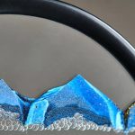 Detalhe de uma ampulheta rotativa com areia azul e partes transparentes, mostrando o movimento da areia dentro do recipiente.
