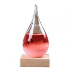 Vaso de vidro em forma de gota com líquido vermelho, colocado sobre uma base de madeira, usado em experimentos científicos de plasma.