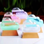 Conjunto de cinco nuvens de cristal de cores diferentes, cada uma colocada sobre uma base de madeira, com fundo de plantas verdes.