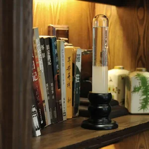 Barómetro de Fitzroy com tubo de vidro, base de madeira escura, ao lado de livros e objetos decorativos em uma estante de madeira.