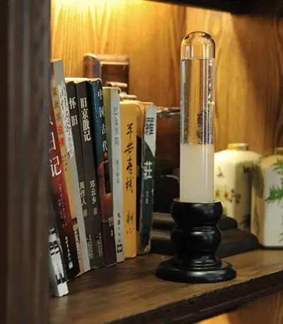 Barómetro de Fitzroy com tubo de vidro, base de madeira escura, ao lado de livros e objetos decorativos em uma estante de madeira.