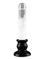 Barómetro de Fitzroy com tubo de vidro transparente, base preta e interior com líquido branco, usado para medir pressão atmosférica.