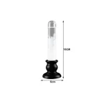Vaso de vidro transparente com base decorativa preta, altura de 18cm e diâmetro de 6cm, usado para exibir líquidos ou objetos decorativos.