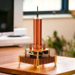 Bobina de Tesla em miniatura com estrutura metálica e componente de alta voltagem, colocada numa mesa de madeira com fundo de janela e plantas.