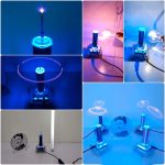 Vários ângulos de uma mini bobina de Tesla a emitir faíscas azuis e efeitos de luz, incluindo detalhes da estrutura e demonstrações de uso.