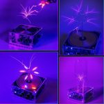 Demonstração de uma bobina de Tesla musical com faíscas azuis e roxas, exibindo descargas elétricas visíveis de diferentes ângulos e detalhes do equipamento.