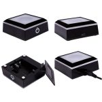 Conjunto de quatro lâmpadas de plasma com base de energia, uma com tampa aberta mostrando os componentes internos, ideal para demonstrações científicas.