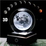 Lâmpada de presença com representação da lua e fases lunares em volta, incluindo eclipse lunar, em fundo escuro.