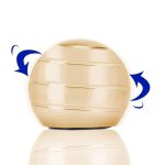 Bola giroscópio de cor bege com linhas horizontais e setas azuis indicando rotação em diferentes direções.