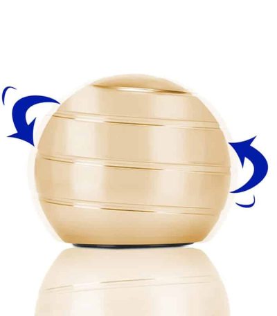 Bola giroscópio de cor bege com linhas horizontais e setas azuis indicando rotação em diferentes direções.