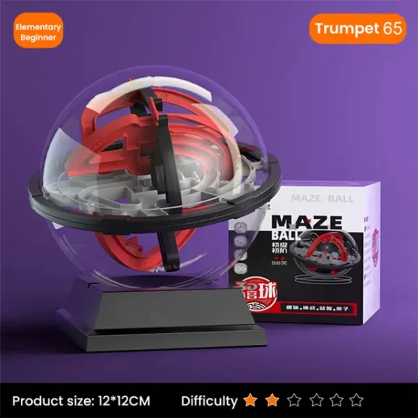 Bola labirinto 3D transparente com componentes internos vermelhos e pretos, em base preta, com embalagem ao lado, para atividades educativas de ciência.