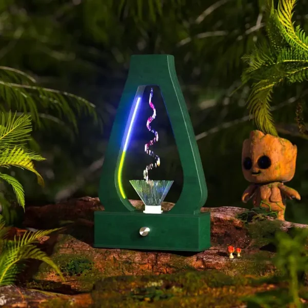 Lâmpada de água anti-gravidade com luz LED colorida, efeito de água a fluir, ambiente de floresta, decoração científica, produto em destaque.