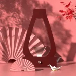 Luminária de água com design de lâmpada de lava, refletindo luz rosa, com decoração de folhas de árvore e origami de pato de papel ao lado.