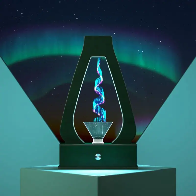 Lâmpada de mesa com efeito de água a fluir, fundo com aurora boreal e céu estrelado, design moderno e inovador.