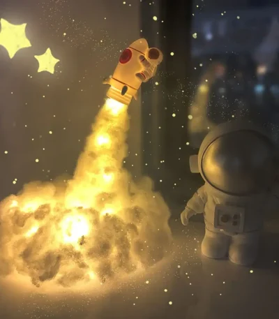 Lâmpada de astronauta com efeito de foguete a lançar fogo, estrelas brilhantes e partículas luminosas ao redor, criando uma atmosfera espacial.
