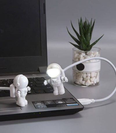 Luz de leitura em forma de astronauta com braço flexível conectada a um portátil, ao lado de uma planta suculenta em vaso de vidro.