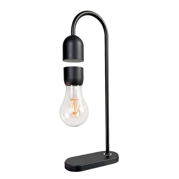 Candeeiro de mesa com lâmpada de filamento visível, estrutura metálica preta e design moderno, ideal para decoração científica e educativa.