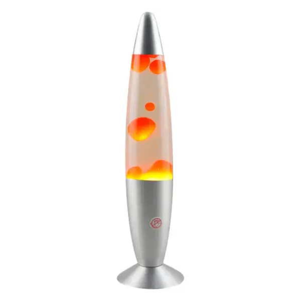 Lâmpada de lava com base metálica, bolhas de cera laranja e amarelo a subir, iluminação interior visível.