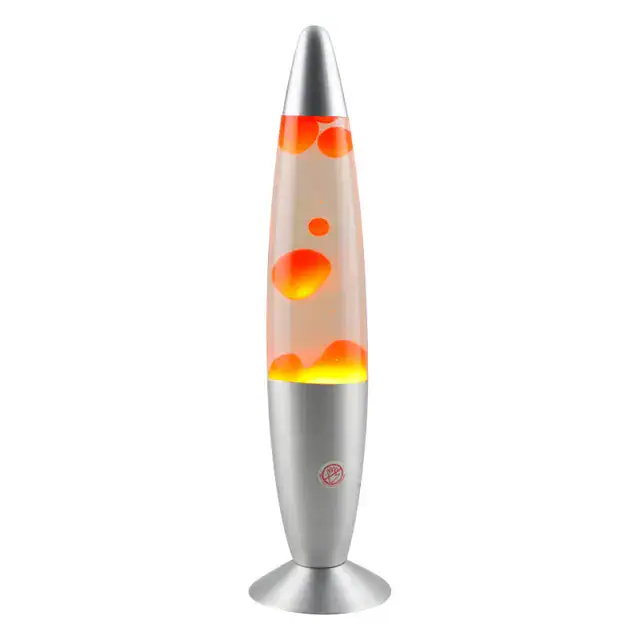 Lâmpada de lava com base metálica, bolhas de cera laranja e amarelo a subir, iluminação interior visível.
