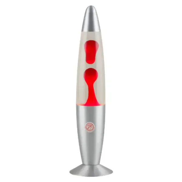 Lampada de lava vermelha com base prateada, vista frontal, acesa, com bolhas em movimento dentro do tubo de vidro.