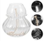 Candeeiro de mesa a óleo de vidro transparente com ranhuras verticais, vista de diferentes ângulos, incluindo detalhe do topo e do interior.