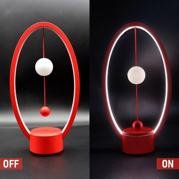 Lâmpada de mesa com design moderno, com anel luminoso e esfera suspensa, mostrando o modo desligado e ligado.