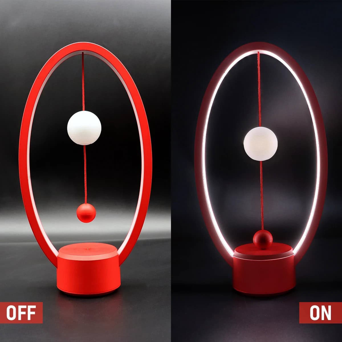 Lâmpada de Mesa Heng Balance em funcionamento Lâmpada de mesa com design moderno, com anel luminoso e esfera suspensa, mostrando o modo desligado e ligado.