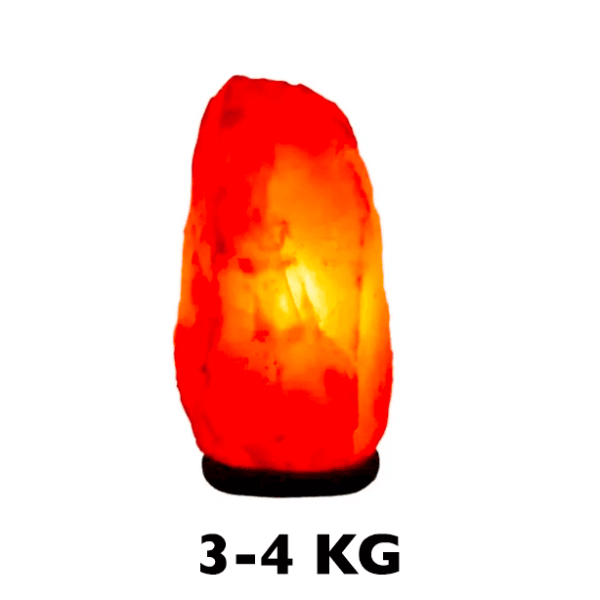 Candeeiro de sal dos Himalaias com iluminação interior, destaque para a textura e cor laranja, peso indicado de 3 a 4 kg.