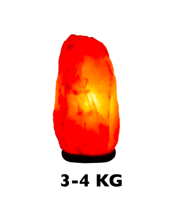 Candeeiro de Sal Himalaias 3-4 kg Candeeiro de sal dos Himalaias com iluminação interior, destaque para a textura e cor laranja, peso indicado de 3 a 4 kg.