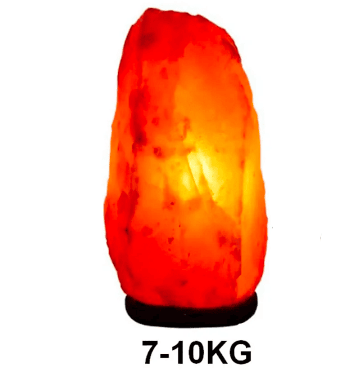 Candeeiro de Sal Himalaias 7-10 kg Candeeiro de sal dos Himalaias em forma irregular, iluminado, com base preta, peso indicado de 7 a 10 kg.