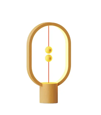 Lâmpada de design moderno inspirada na física, com duas esferas amarelas suspensas em uma estrutura de madeira, ideal para decoração científica.
