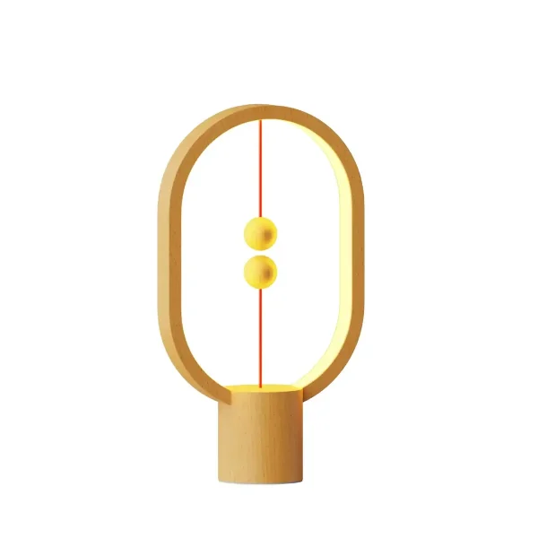 Lâmpada de design moderno inspirada na física, com duas esferas amarelas suspensas em uma estrutura de madeira, ideal para decoração científica.