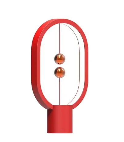Lâmpada Newton de vidro vermelho com estrutura oval de metal, design moderno e científico, ideal para decoração de escritório ou sala de estar.