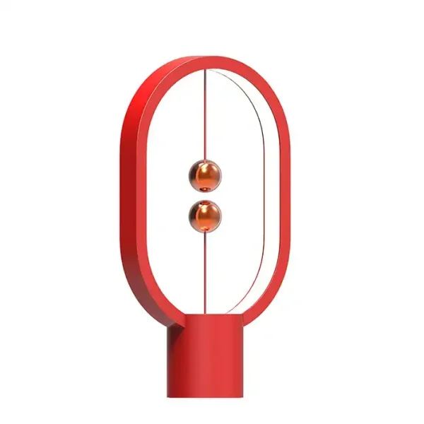 Lâmpada Newton de vidro vermelho com estrutura oval de metal, design moderno e científico, ideal para decoração de escritório ou sala de estar.