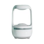 Humidificador com design futurista, estrutura de suporte em forma de arco, base arredondada e detalhes em cinza claro, ideal para ambientes de ciência e educação.