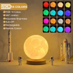 Lâmpada de lua em miniatura com 16 cores RGB, controle remoto, brilho ajustável, rotação de 360°, recarregável e com diferentes ângulos de iluminação.