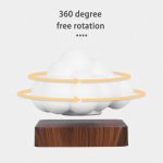 Nuvem de luz branca suspensa com rotação de 360 graus, apoiada numa base de madeira escura, com setas indicando movimento circular.