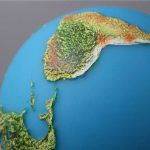 Modelo de relevo em 3D de América do Sul e Antártida, com detalhes de relevo e cores que representam diferentes altitudes.