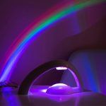 Lâmpada de projeção arco-íris emitindo luzes coloridas em uma parede escura, criando um efeito de arco-íris vibrante e atmosférico.
