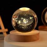 Globo de plasma com representação do sistema solar, incluindo órbitas e planetas, iluminado em ambiente escuro, apoiado numa base de madeira.