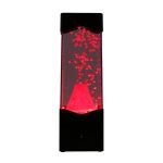 Lâmpada de plasma com efeito de erupção vulcânica, luz vermelha e bolhas em movimento, vista frontal, em ambiente escuro.