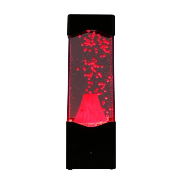 Lâmpada de plasma com efeito de erupção vulcânica, luz vermelha e bolhas em movimento, vista frontal, em ambiente escuro.