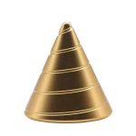 Cone giroscópico dourado com várias camadas, visto de frente, com acabamento metálico brilhante.