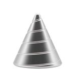 Cone giroscópico de metal com várias camadas, visto de frente, com acabamento brilhante e detalhes de linhas curvas.