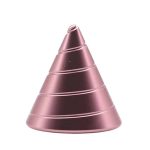 Cone giroscópico metálico rosa com várias camadas, visto de frente, com acabamento brilhante e detalhes de linhas horizontais.