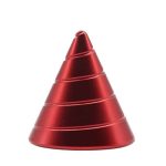 Cone giroscópico metálico vermelho com várias camadas, visto de frente, com acabamento brilhante e detalhes de linhas horizontais.